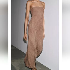 Zara Zw Collection Brown Strapless Textured Long Dress